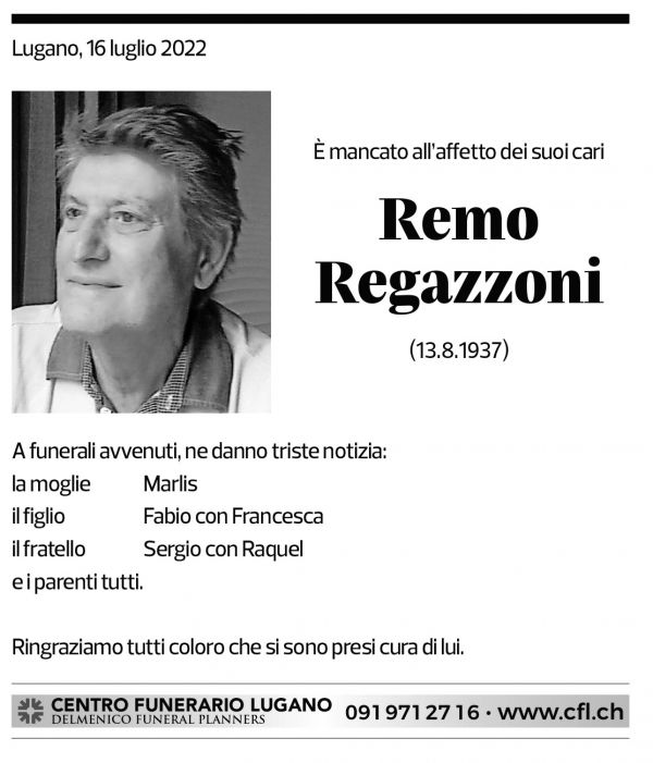 Annuncio funebre Remo Regazzoni