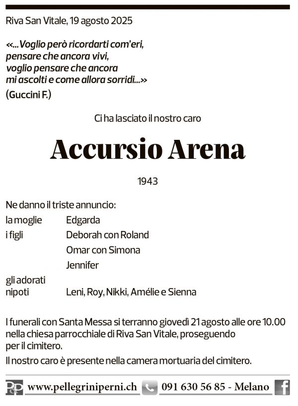 Annuncio funebre Accursio Arena