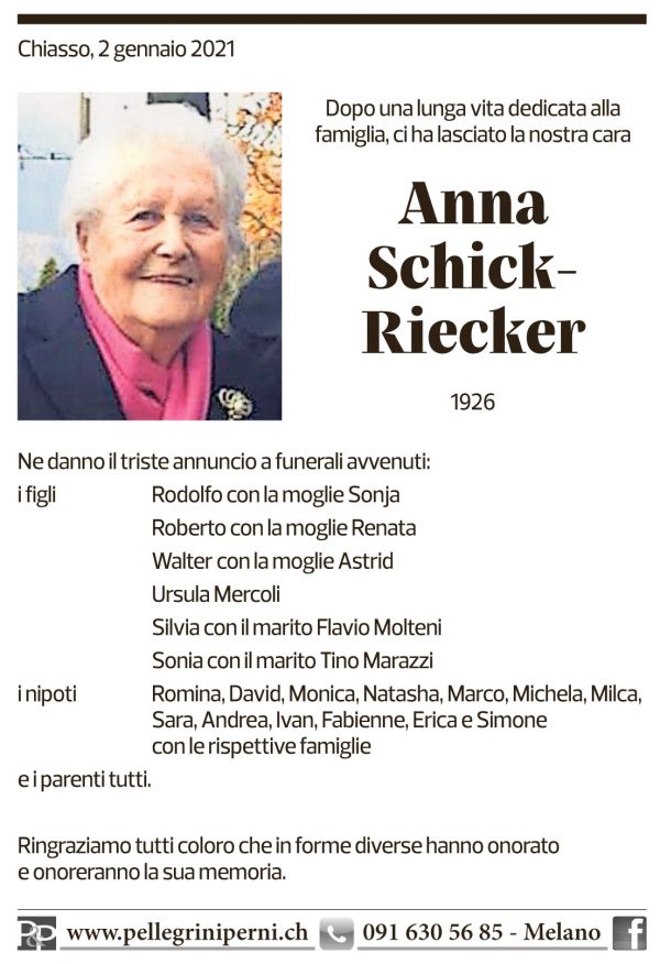 Annuncio funebre Anna Schick-riecker