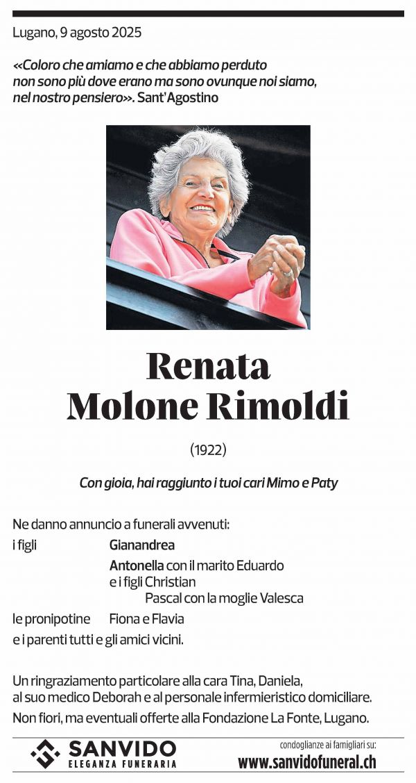 Annuncio funebre Renata Molone Rimoldi