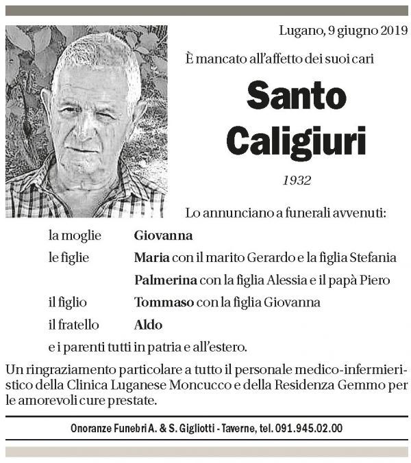 Annuncio funebre Santo Caligiuri
