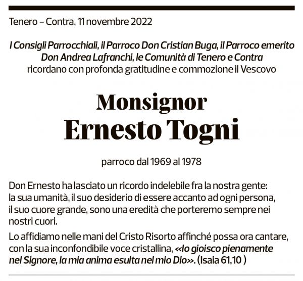 Annuncio funebre Ernesto Togni