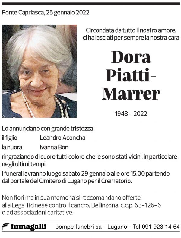 Annuncio funebre Dora Piatti-marrer