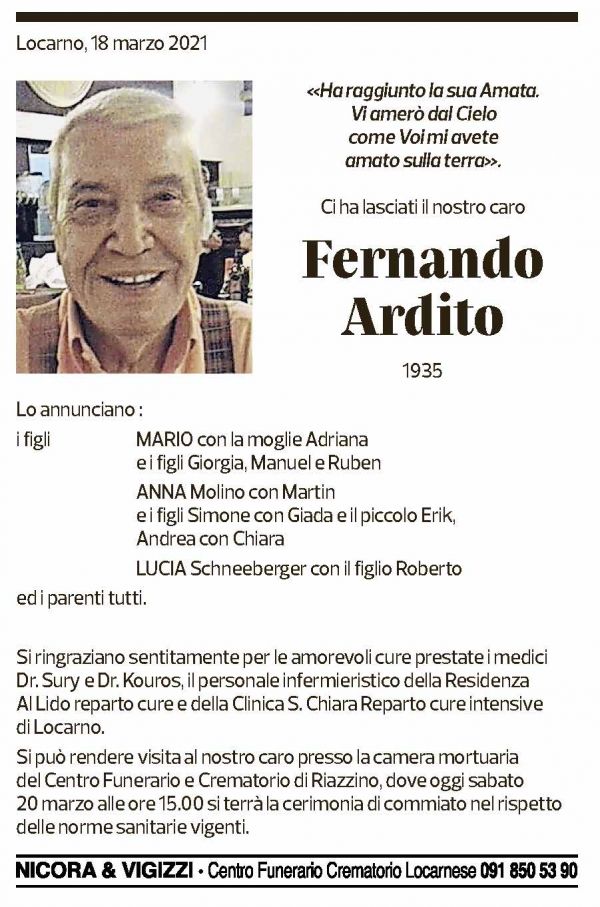 Annuncio funebre Fernando Ardito