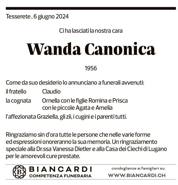 Annuncio funebre Wanda Canonica