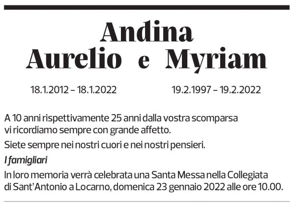 Annuncio funebre Aurelio Myriam Andina