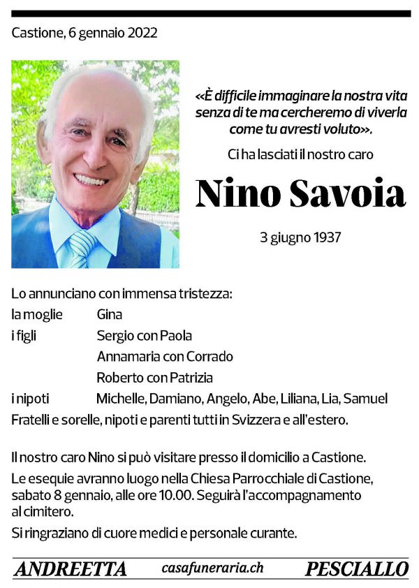 Annuncio funebre Nino Savoia