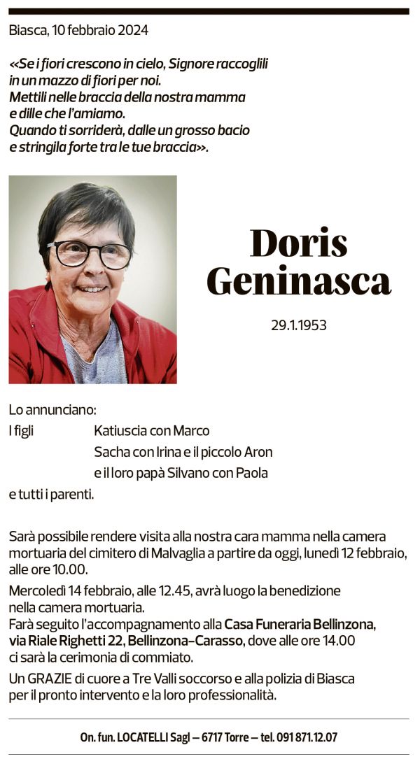 Annuncio funebre Doris Geninasca