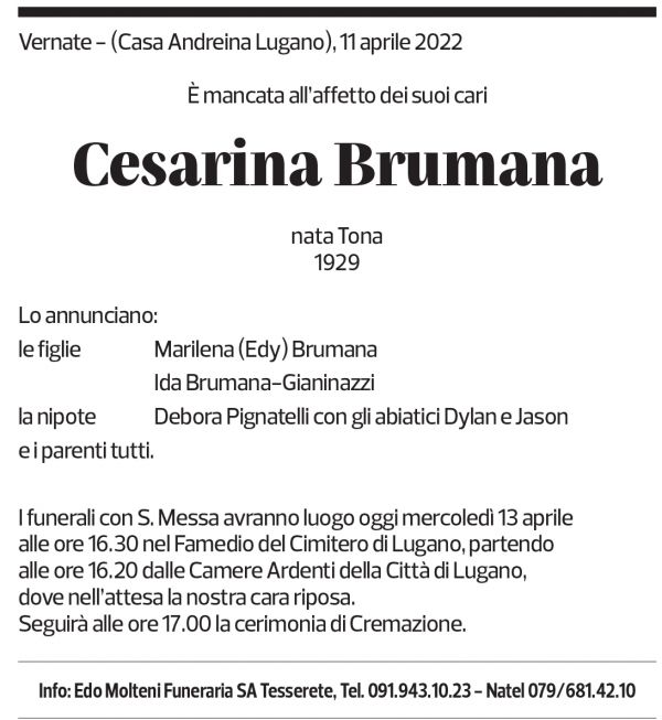 Annuncio funebre Cesarina Brumana