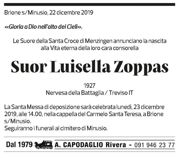 Annuncio funebre Luisella Zoppas