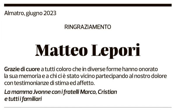 Annuncio funebre Matteo Lepori