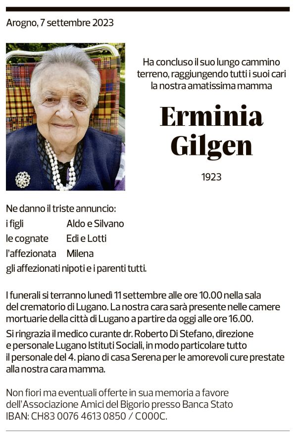 Annuncio funebre Erminia Gilgen