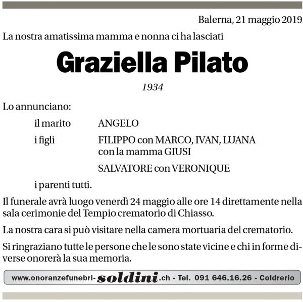 Annuncio funebre Graziella Pilato