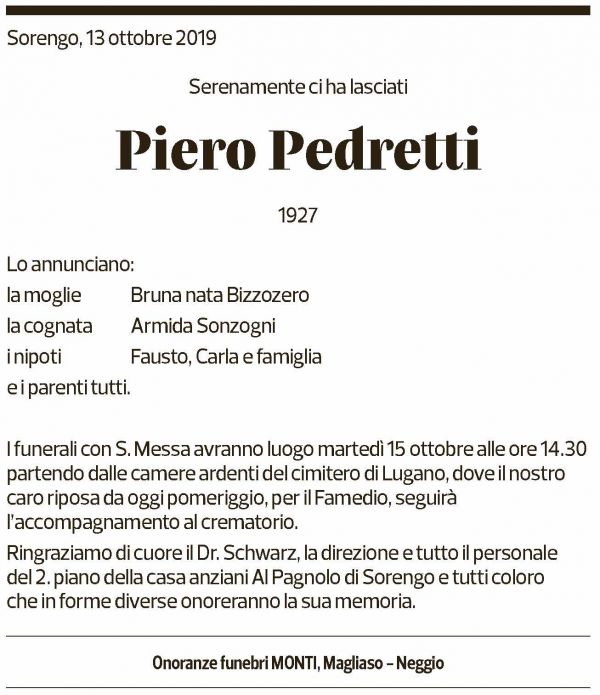 Annuncio funebre Piero Pedretti