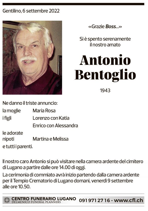 Annuncio funebre Antonio Bentoglio