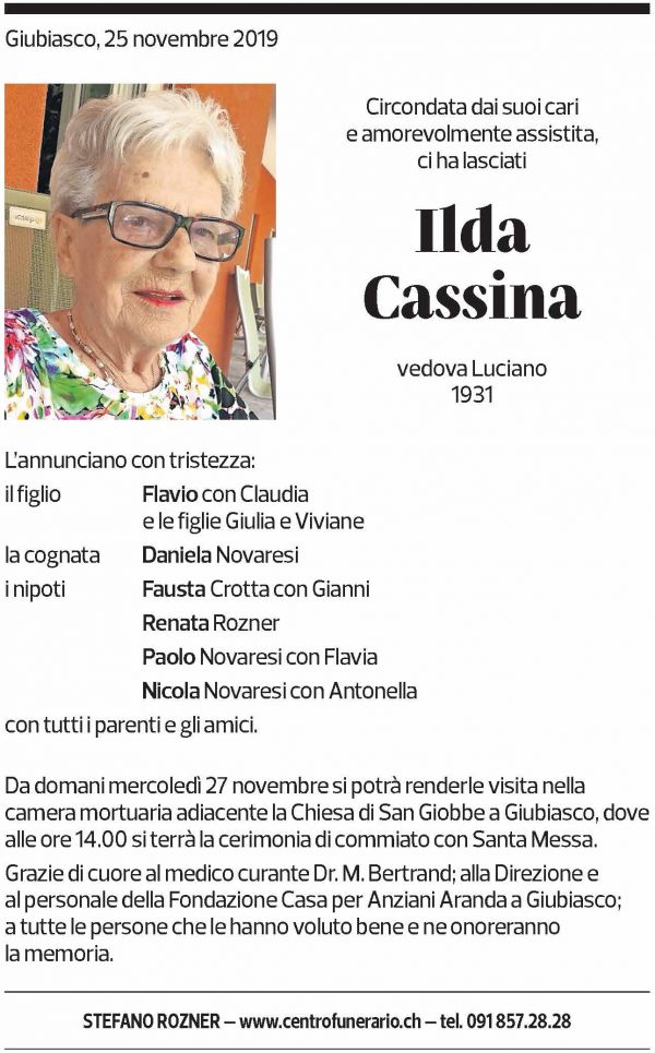 Annuncio funebre Ilda Cassina