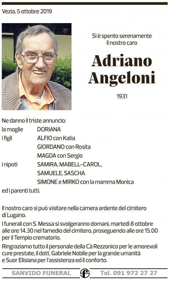 Annuncio funebre Adriano Angeloni