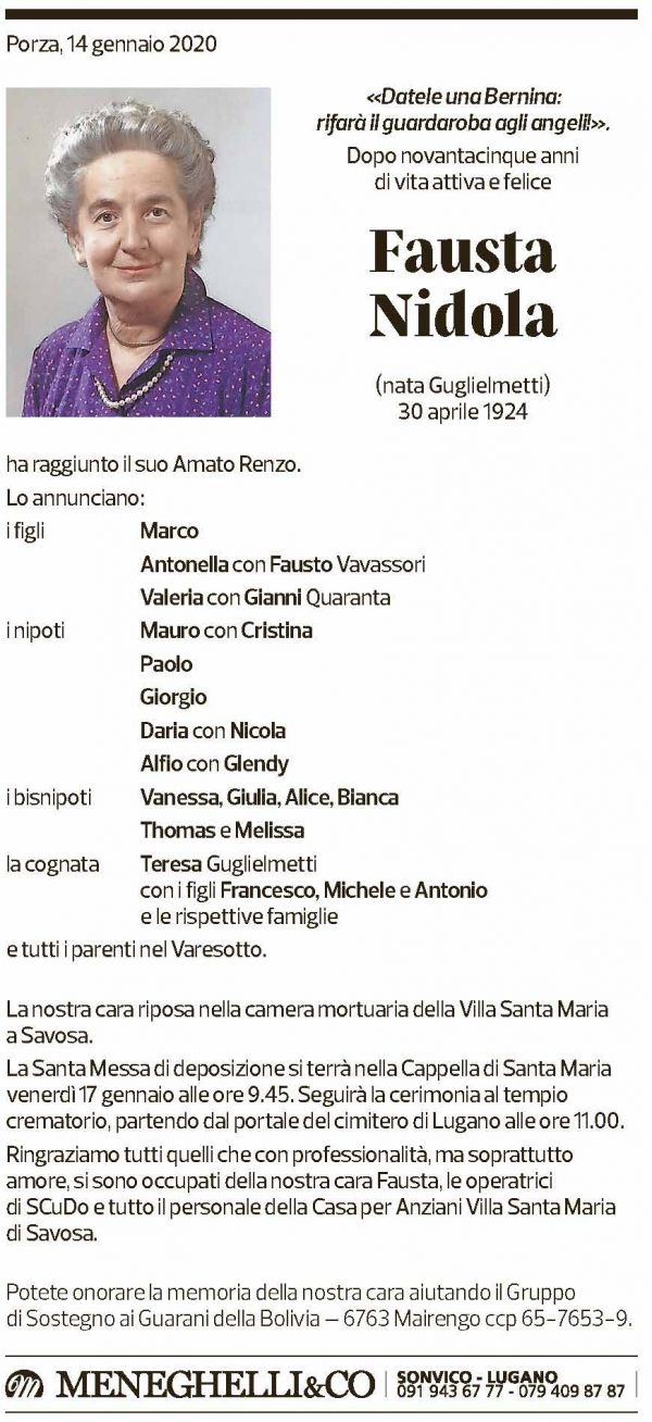 Annuncio funebre Fausta Nidola