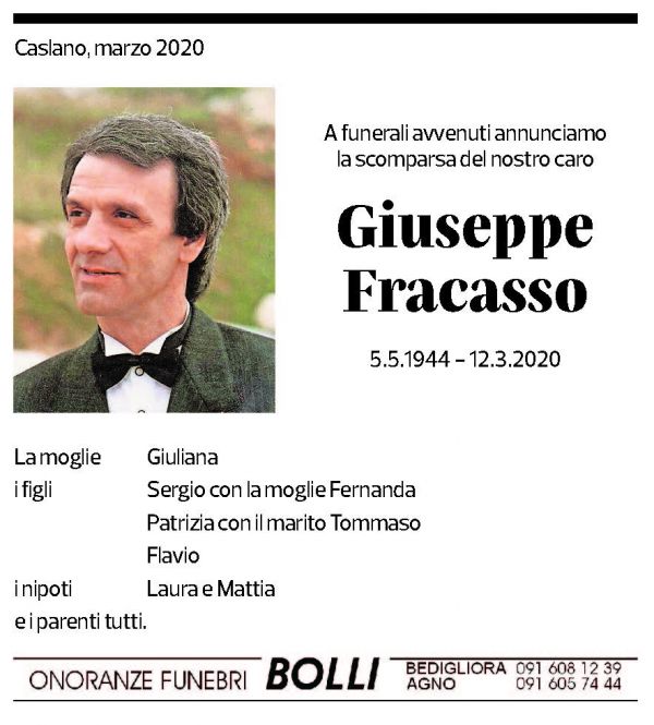 Annuncio funebre Giuseppe Fracasso