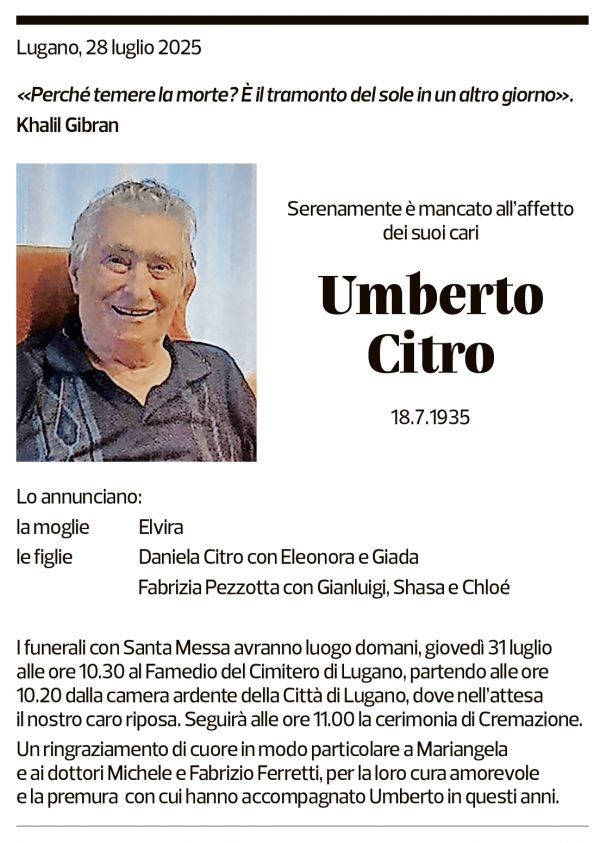 Annuncio funebre Umberto Citro
