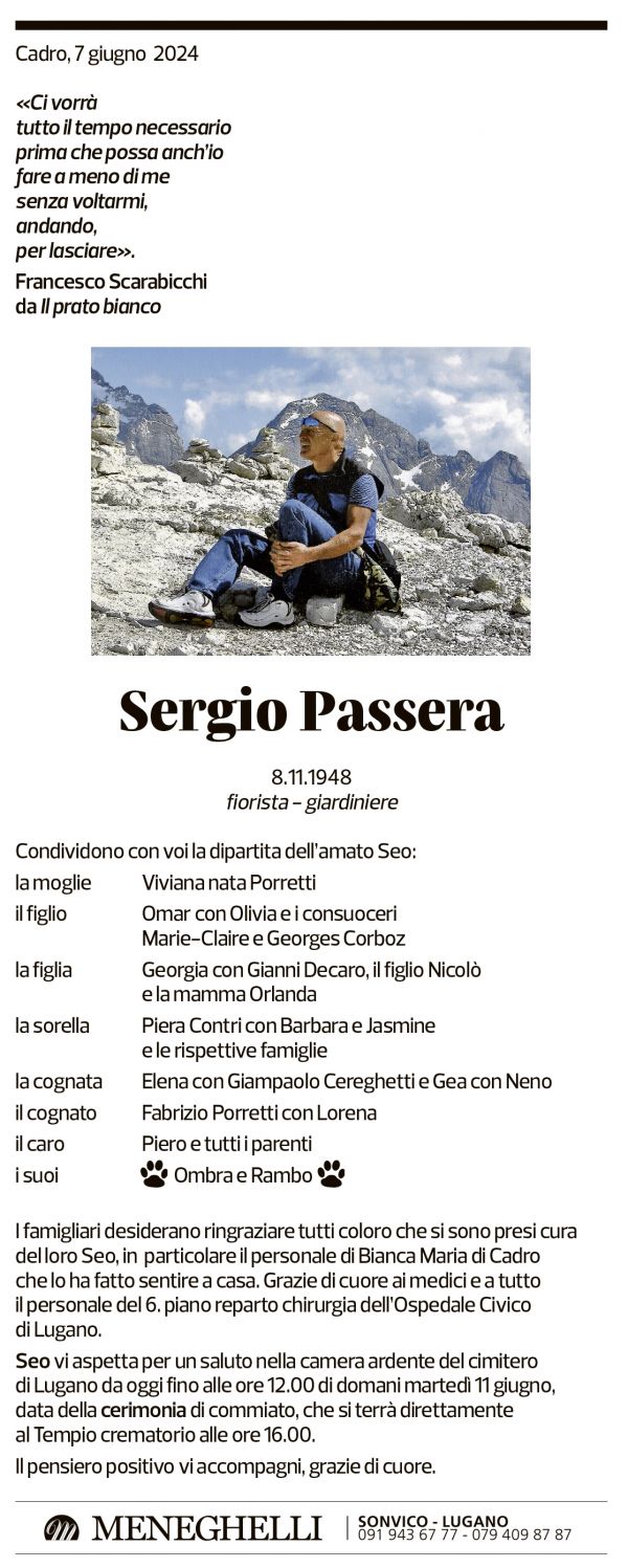 Annuncio funebre Sergio Passera