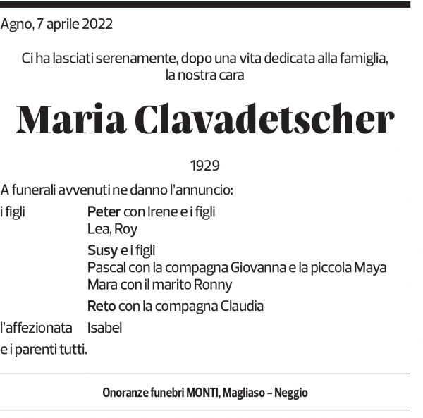 Annuncio funebre Maria Clavadetscher