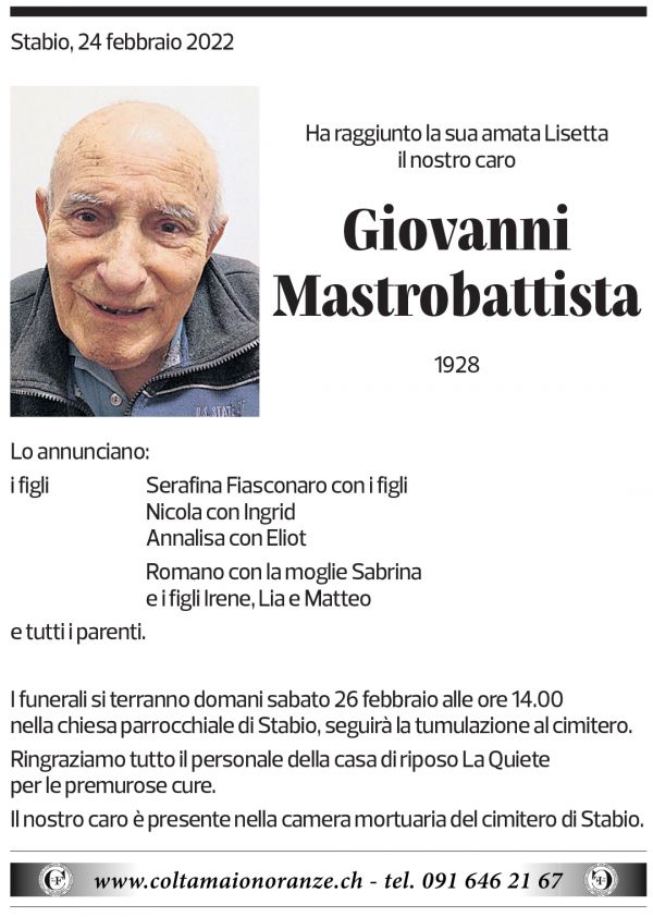 Annuncio funebre Giovanni Mastrobattista