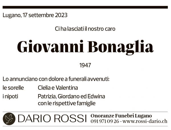 Annuncio funebre Giovanni Bonaglia