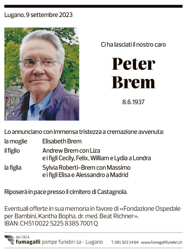 Annuncio funebre Peter Brem