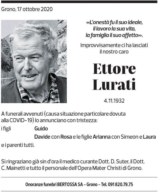 Annuncio funebre Ettore Lurati