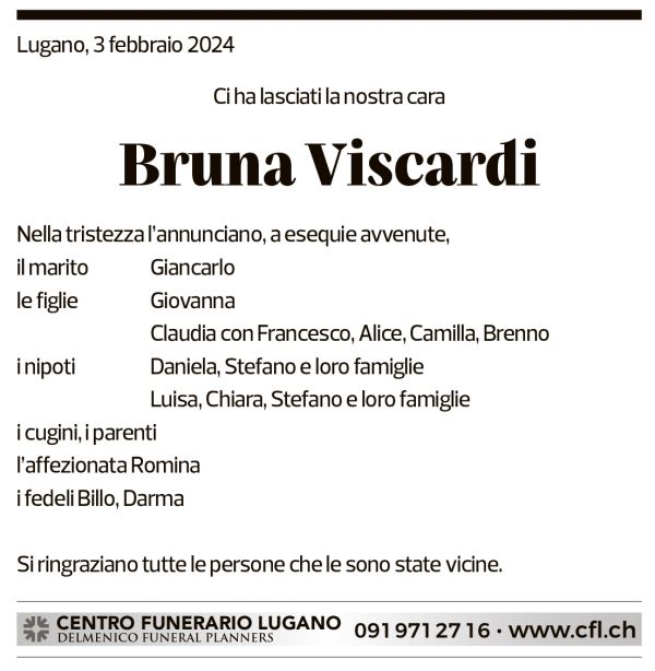 Annuncio funebre Bruna Viscardi