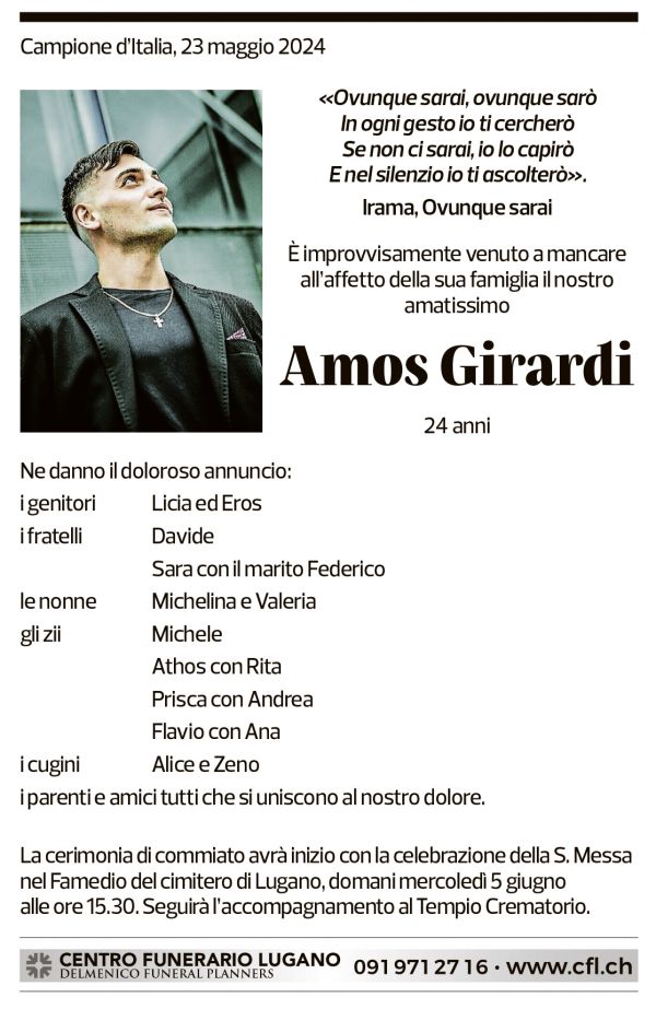 Annuncio funebre Amos Girardi