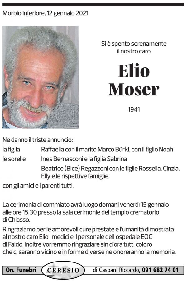 Annuncio funebre Elio Moser