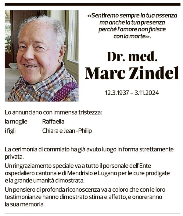 Annuncio funebre Marc Zindel