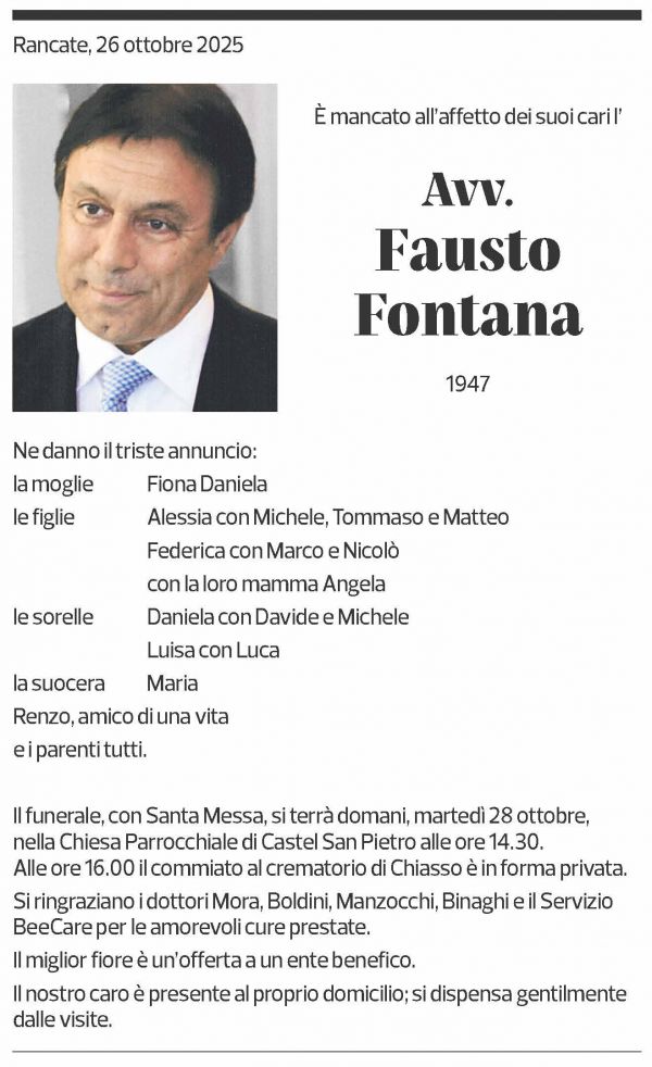 Annuncio funebre Fausto Fontana