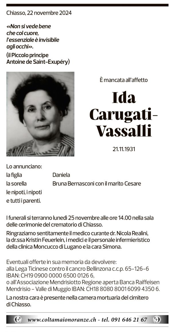 Annuncio funebre Ida Carugati-vassalli