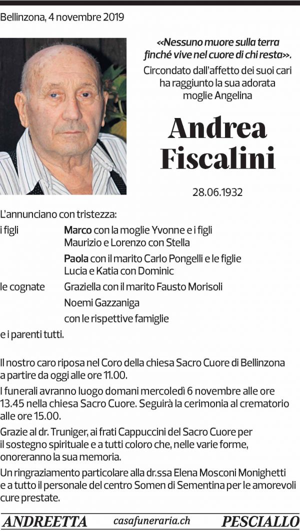 Annuncio funebre Andrea Fiscalini