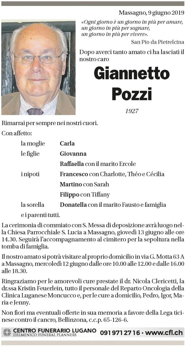 Annuncio funebre Giannetto Pozzi