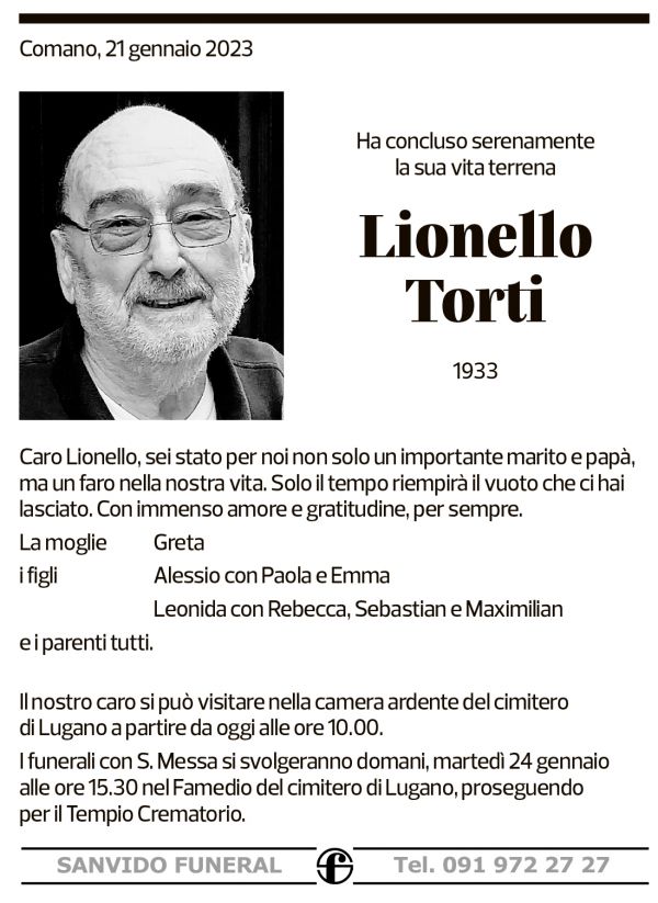 Annuncio funebre Lionello Torti