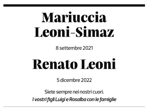 Annuncio funebre Mariuccia Leoni-simaz Renato Leoni