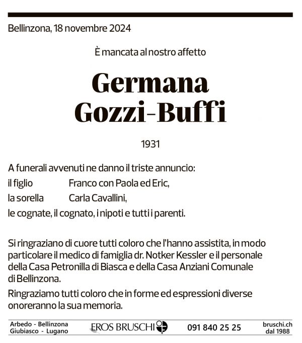 Annuncio funebre Germana Gozzi-buffi