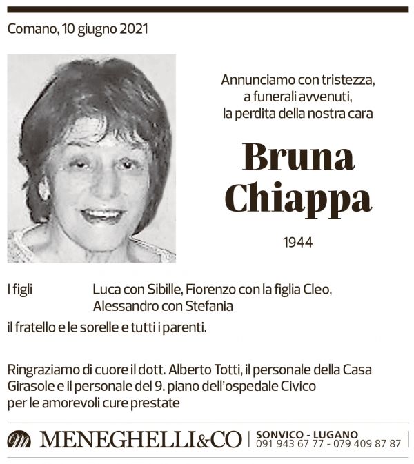 Annuncio funebre Bruna Chiappa