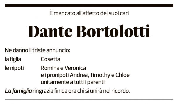 Annuncio funebre Dante Bortolotti