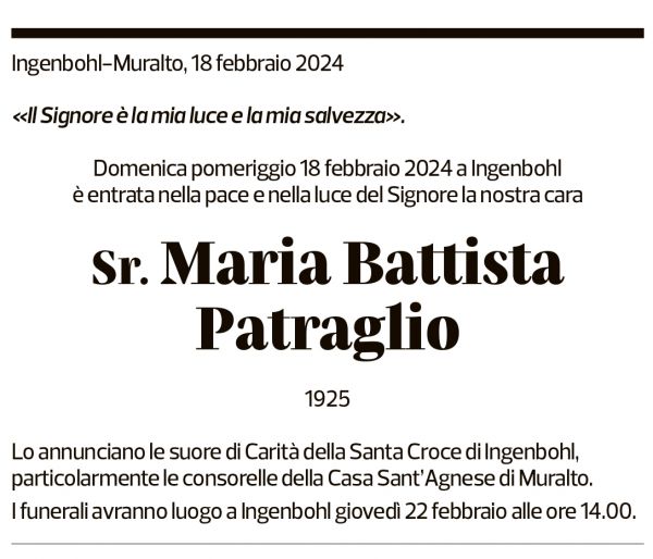 Annuncio funebre Sr. Maria Battista Patraglio