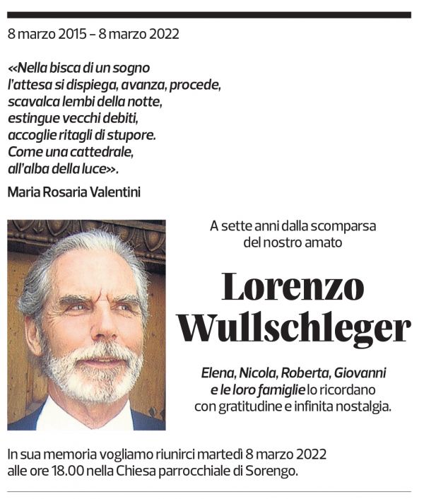 Annuncio funebre Lorenzo Wullschleger