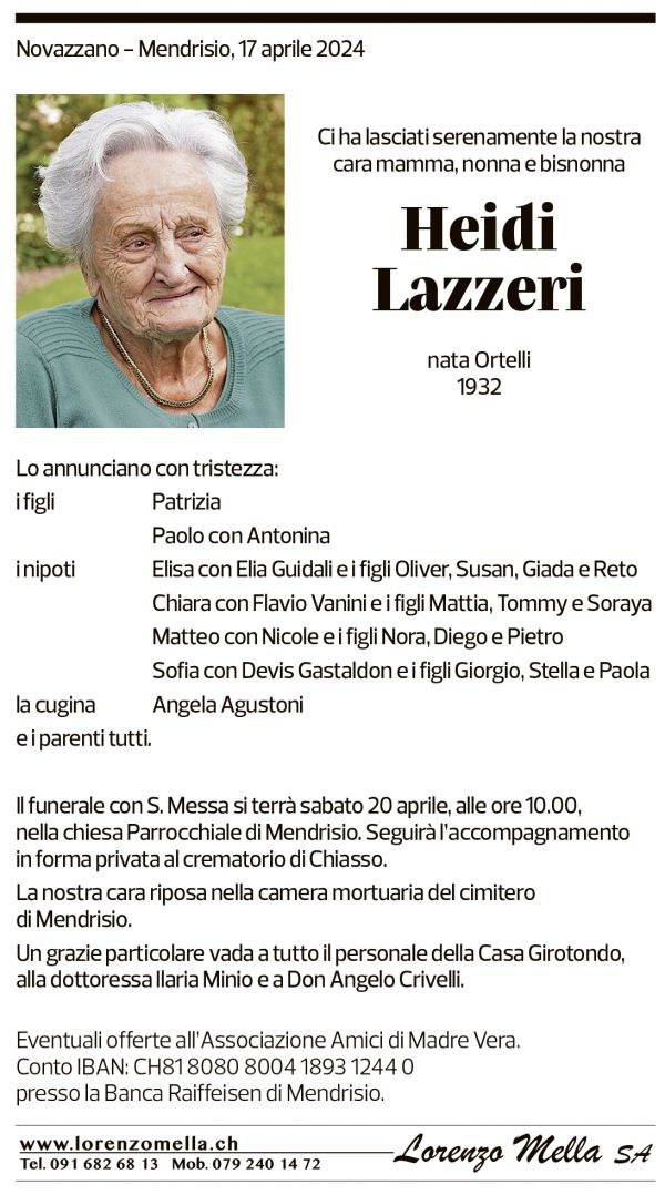 Annuncio funebre Heidi Lazzeri