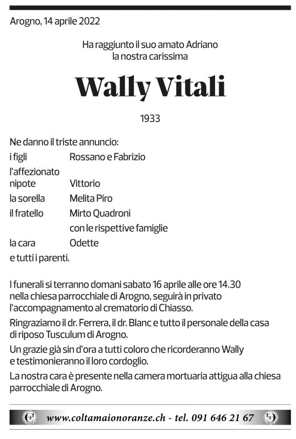 Annuncio funebre Wally Vitali