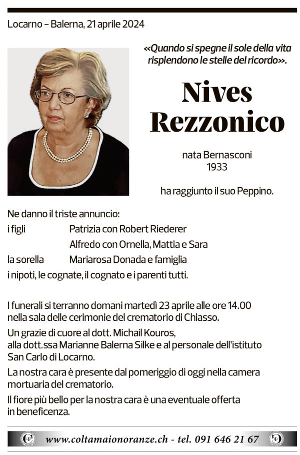 Annuncio funebre Nives Rezzonico