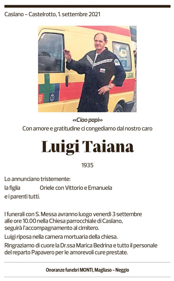 Annuncio funebre Luigi Taiana