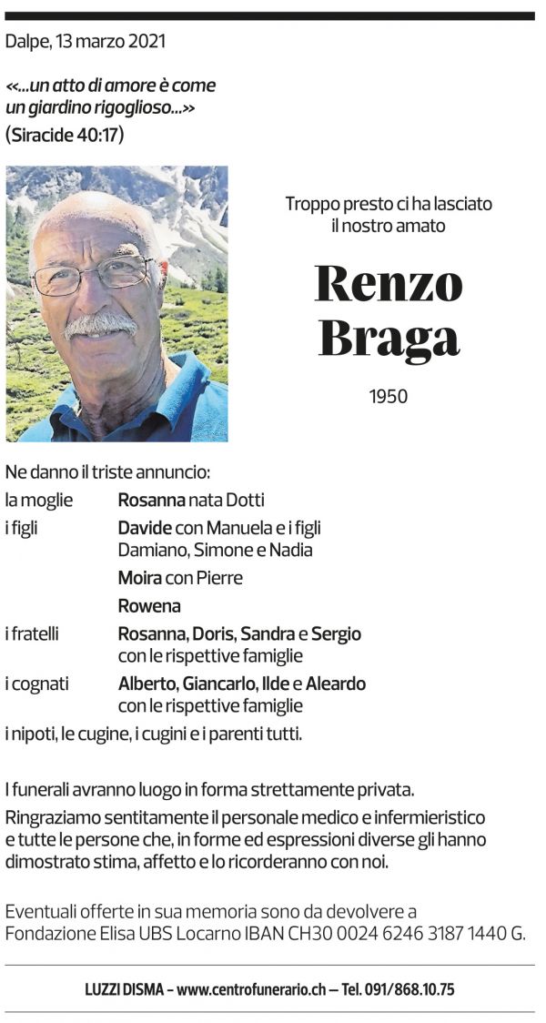 Annuncio funebre Renzo Braga